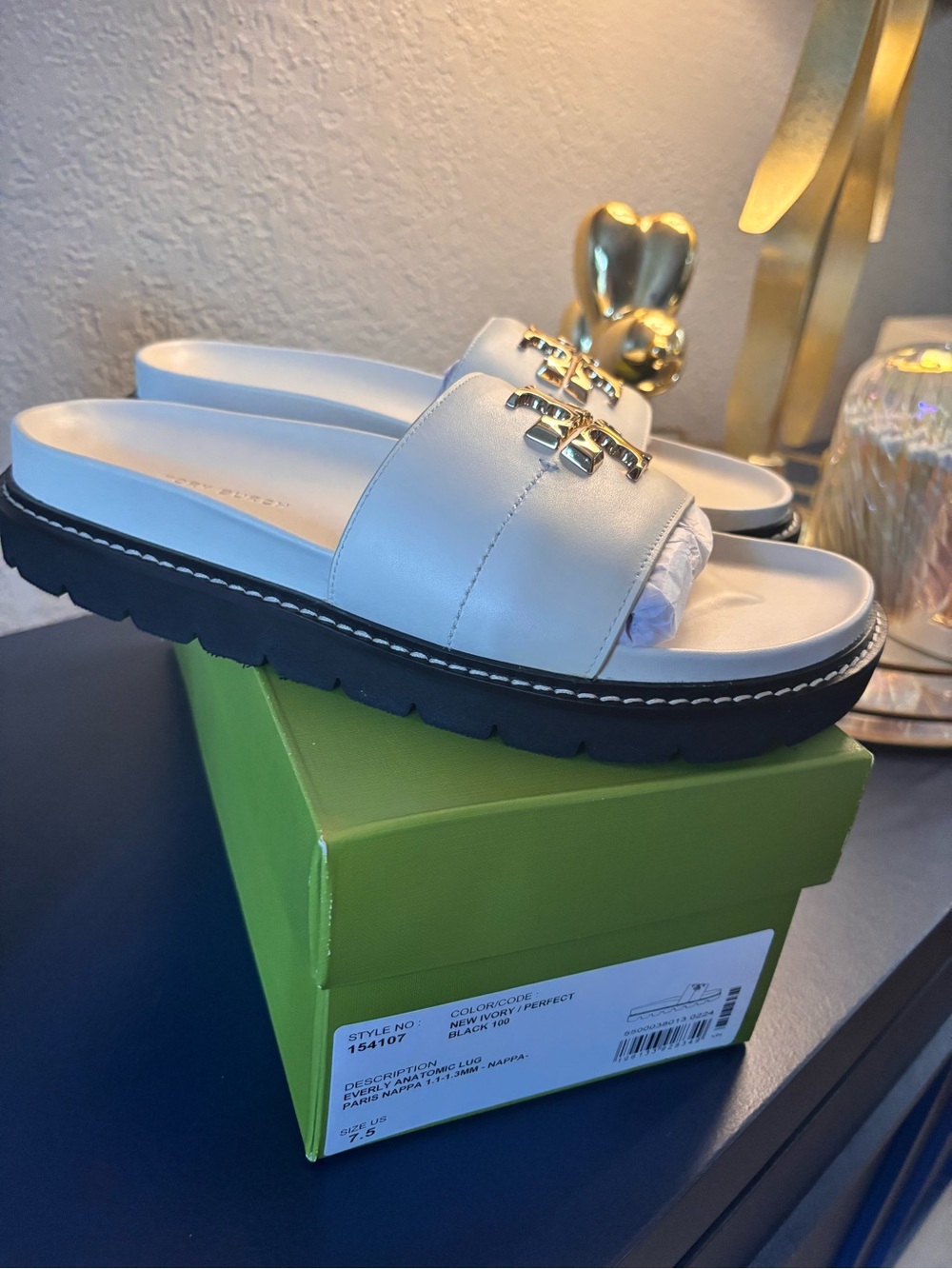 Tory Burch Cream Leather Slide Sandals with Gold Logo - Picture 2 of 8